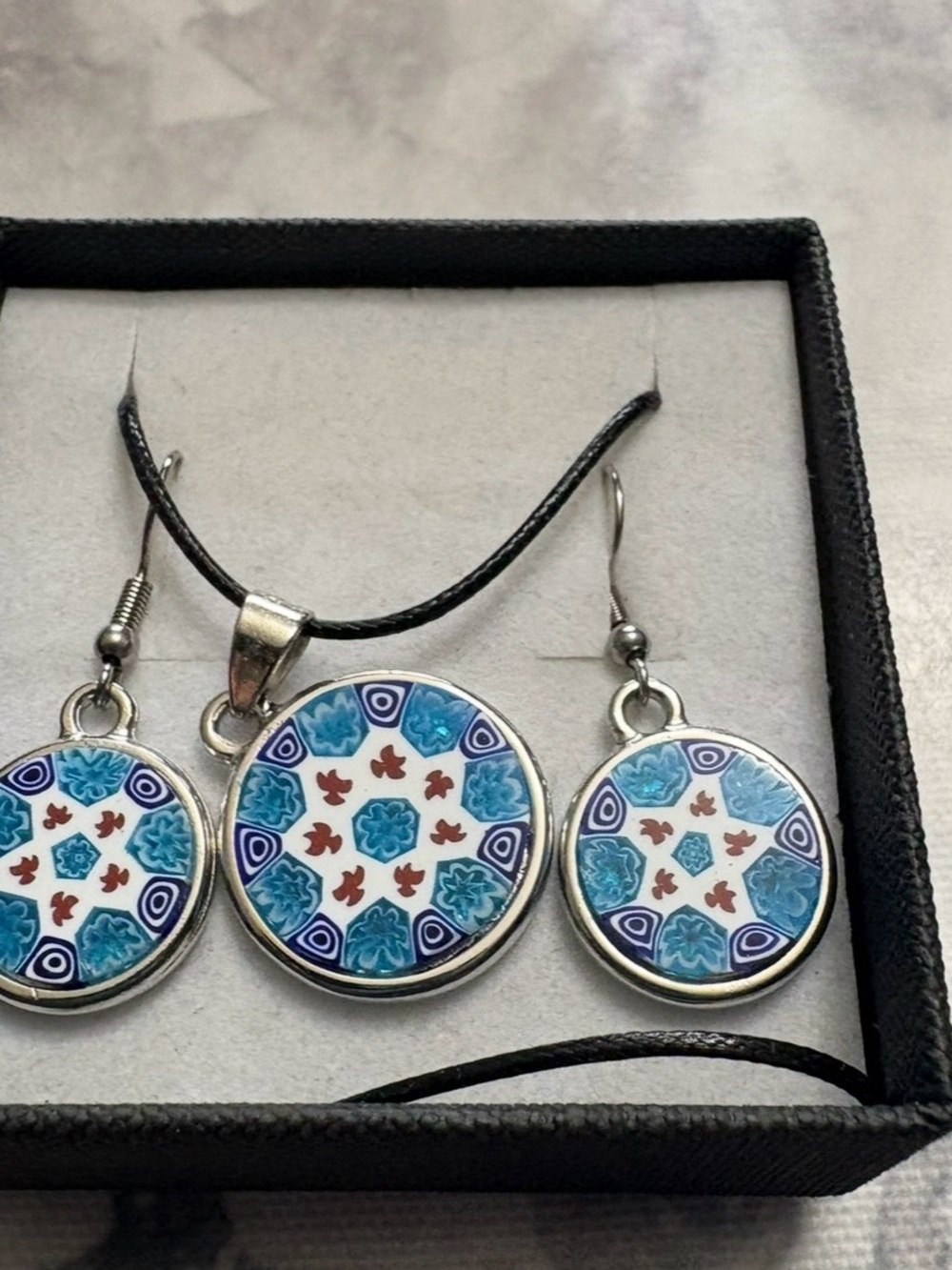 Murano Blue White and Red Millefiori Drop Earrings - Picture 1 of 4